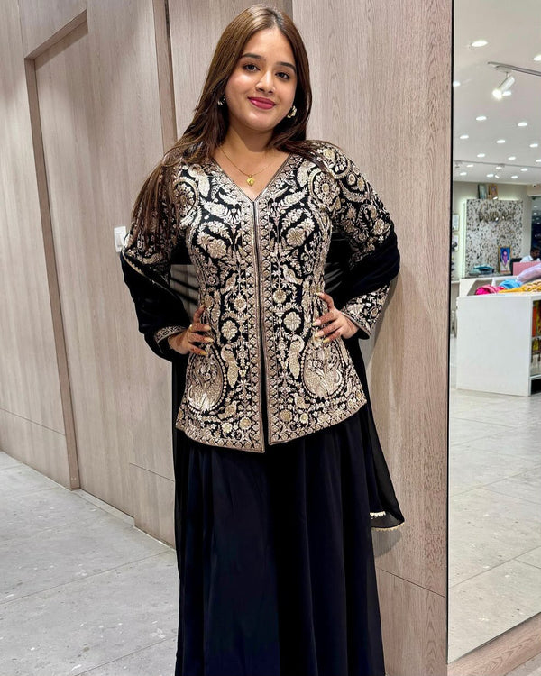 Black Party Wear Sharara Heavy Faux Georgette Top Plazzo and Dupatta Set