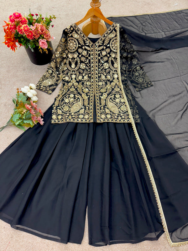 Black Party Wear Sharara Heavy Faux Georgette Top Plazzo and Dupatta Set