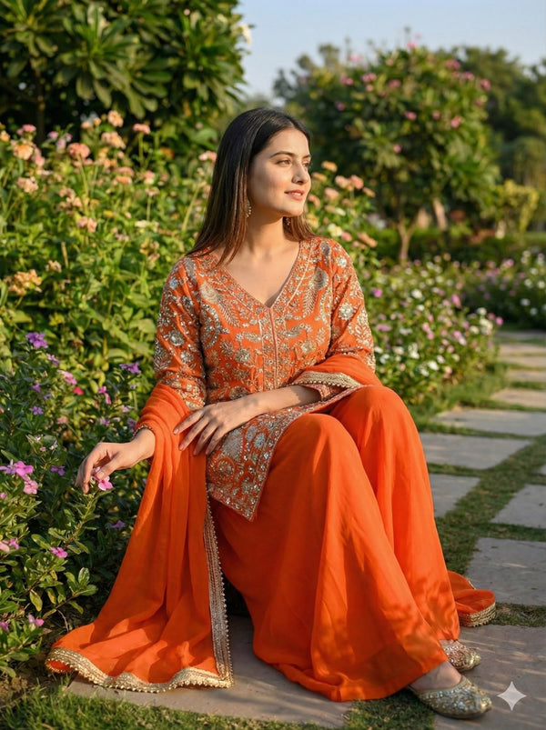 Orange Party Wear Sharara Heavy Faux Georgette Top Plazzo and Dupatta Set