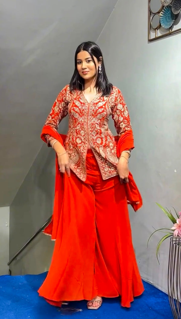 Orange Party Wear Sharara Heavy Faux Georgette Top Plazzo and Dupatta Set