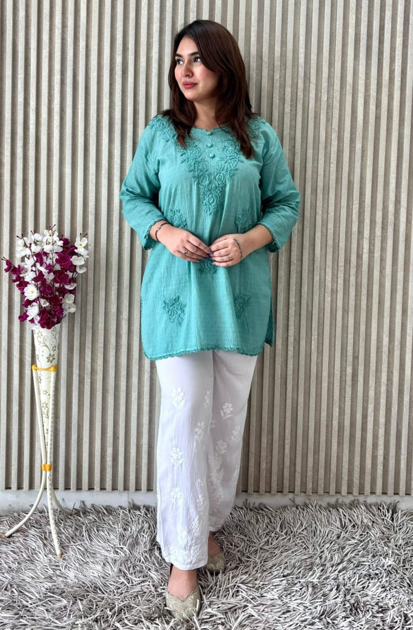 Elegant Pure Ghaspatti Chikankari Short Kurti pallazo Indowestern Set