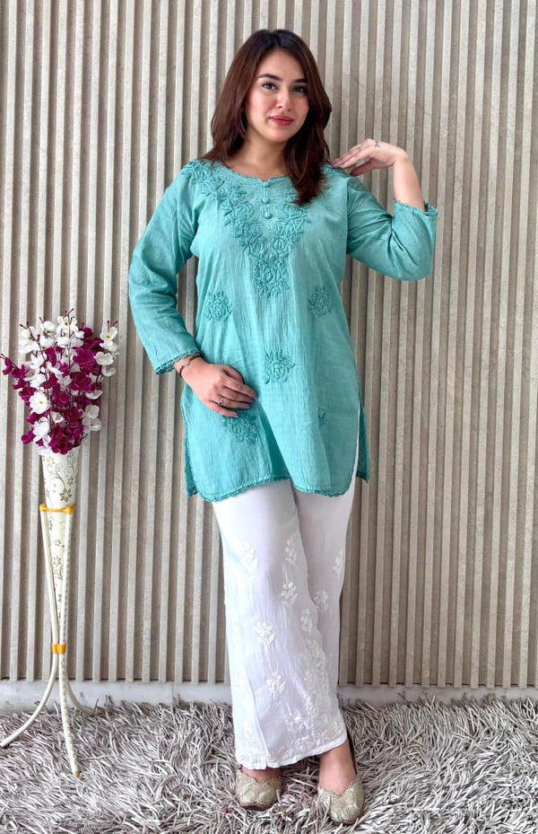 Elegant Pure Ghaspatti Chikankari Short Kurti pallazo Indowestern Set