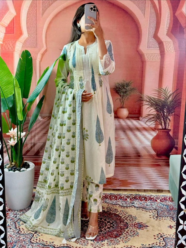 White Cotton Printed Kurti Salwar Suit Set