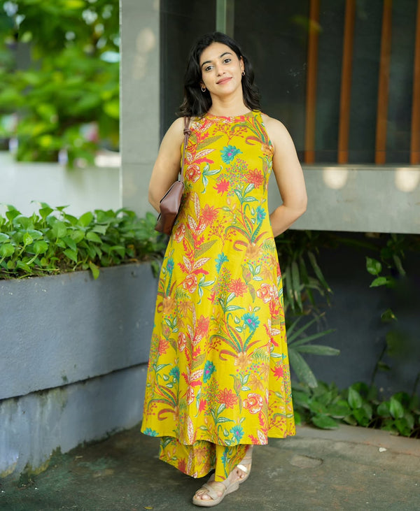Jaipuri Yellow Cotton Floral Printed Kurti Pallazo Salwar Suit Set