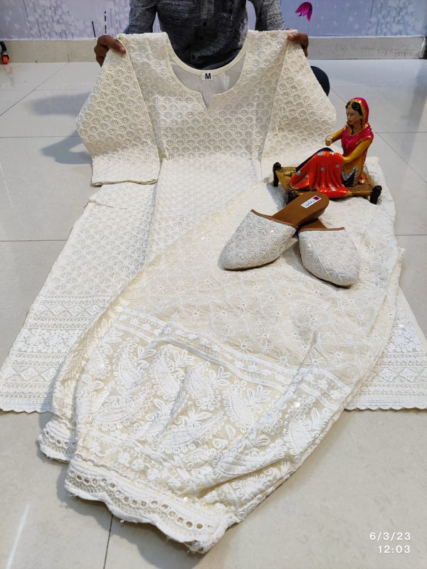 White Sequin Chikankari Salwar Suit Afghani pant