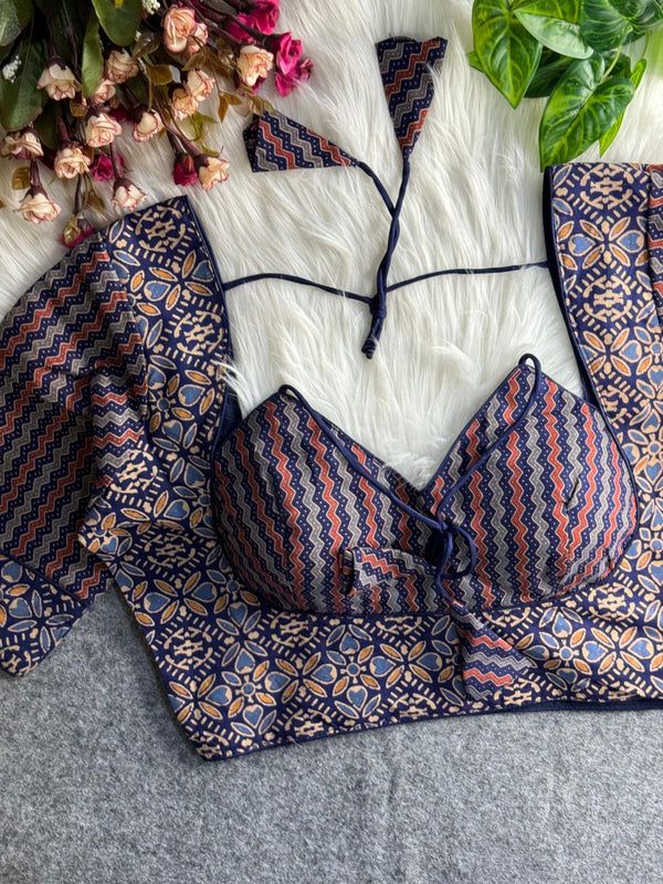 Designer Cotton Ajrakh Printed Blouse inBlue