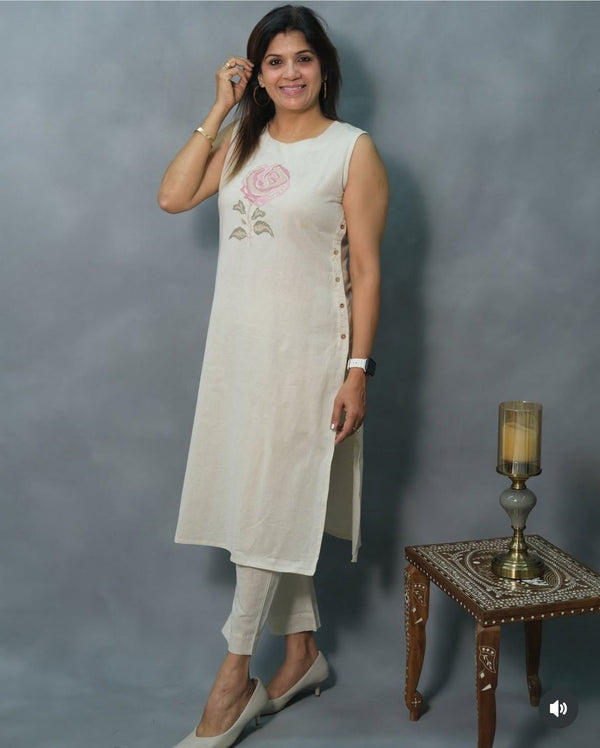 Rose Embroidery Khadi Cotton blend kurti pant set