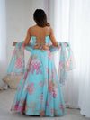 Sky Blue Floral Organza Party Wear Lehenga