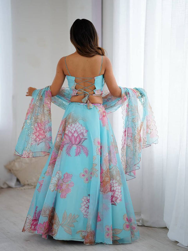 Sky Blue Floral Organza Party Wear Lehenga