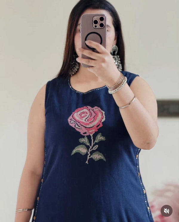 Rose Embroidery Khadi Cotton blend kurti pant set