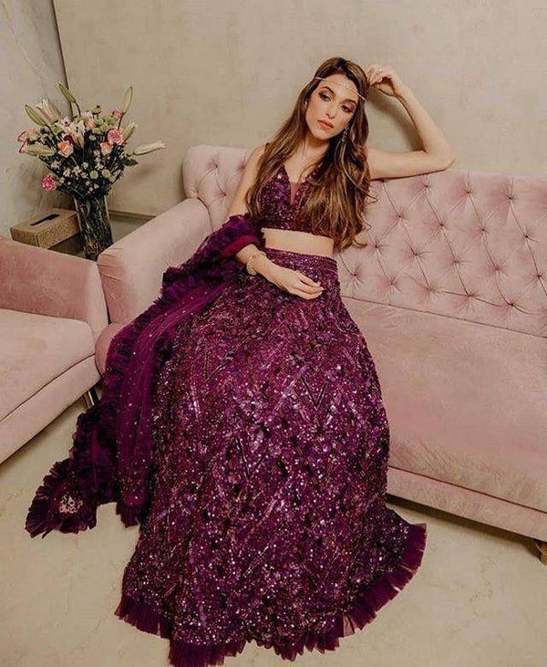 Wine Purple Sequin Emblished Party Wear Lehenga