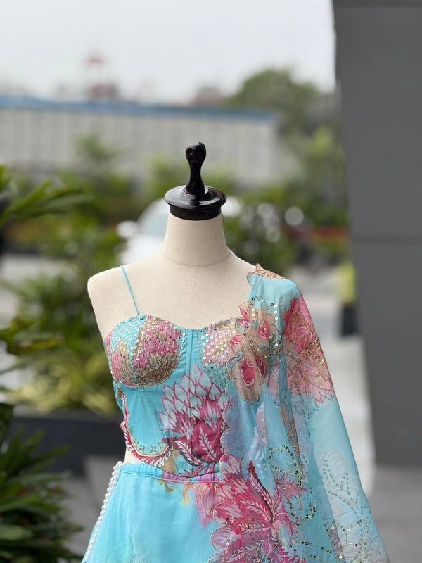 Sky Blue Floral Organza Party Wear Lehenga