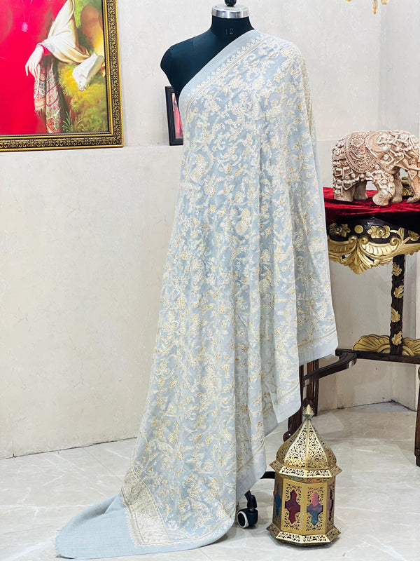 Soft Pashmina Nalki Kashmiri work Light Blue Shawl