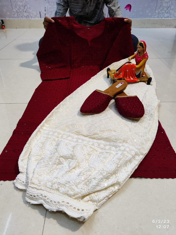 Maroon Sequin Chikankari Salwar Suit Afghani pant