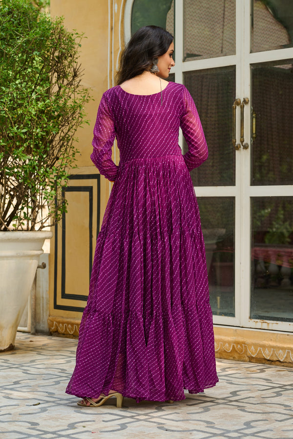 Purple Gamthi work Long Sleeve Fliary Ethnic Gown dress