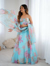 Sky Blue Floral Organza Party Wear Lehenga