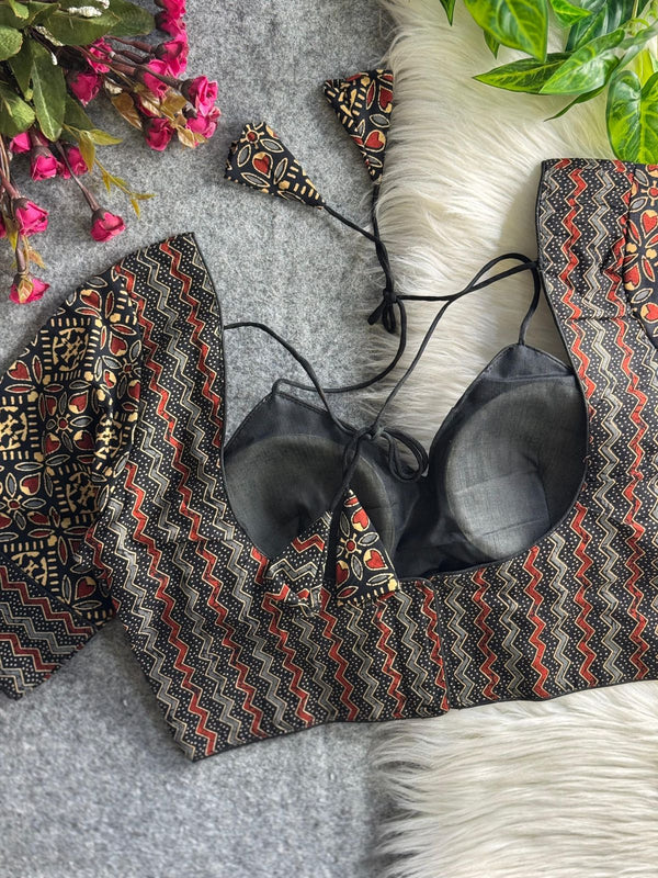 Designer Cotton Ajrakh Printed Blouse in Navy Blue