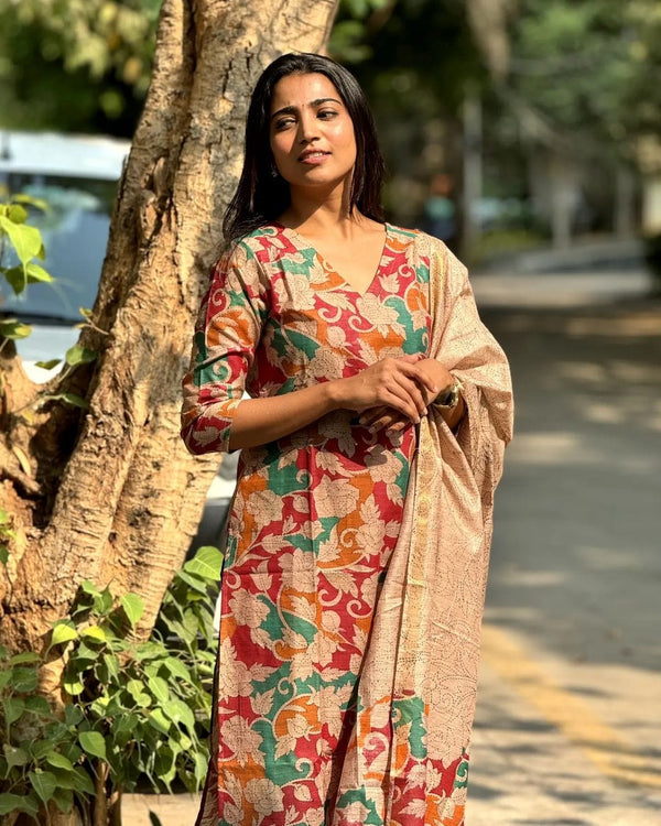 Orange Multicolor kalamkari printed 3pc salwar suit set