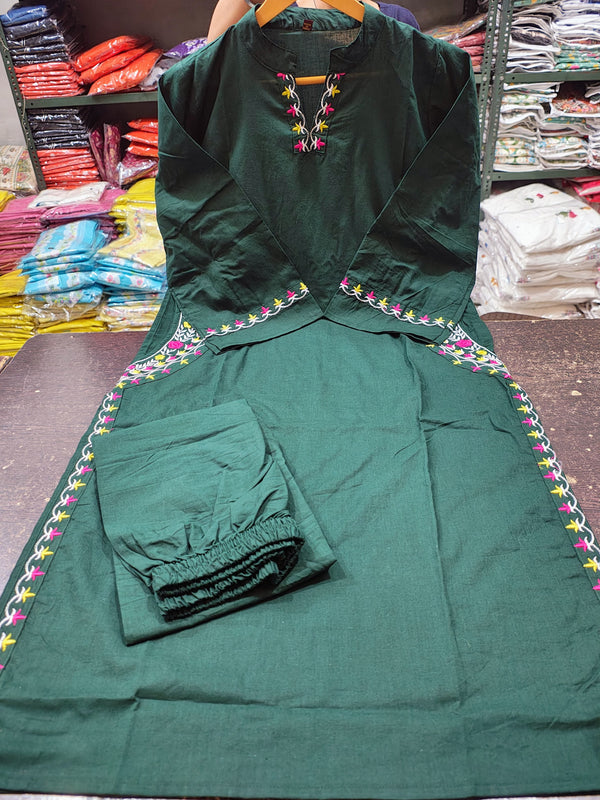 Casual Rayon Cotton Blend Embroidered Kurti Pant Set