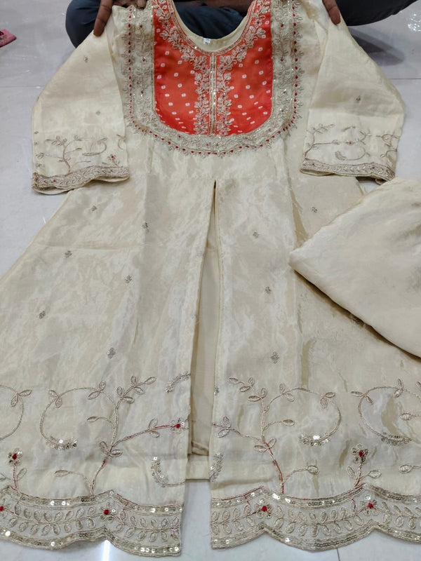 Off white Orange Partywear Bandhej Coord sets