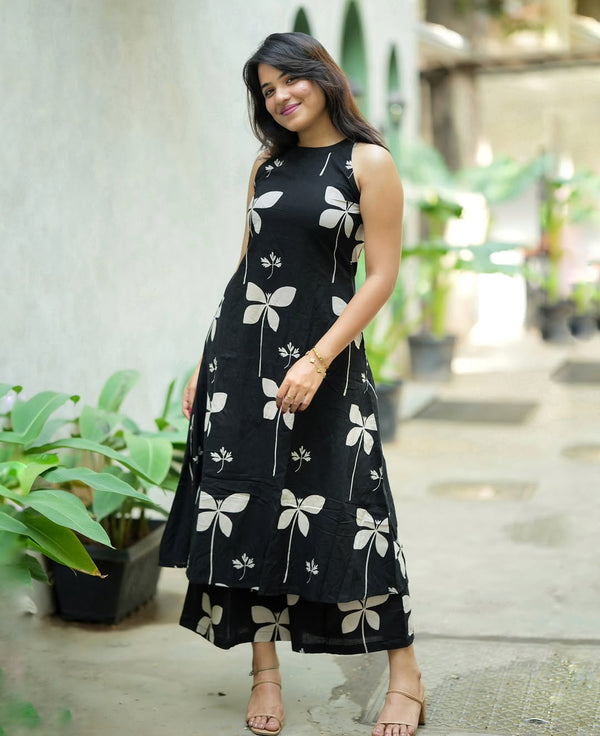 Jaipuri Black Cotton Floral Printed Kurti Pallazo Salwar Suit Set