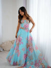 Sky Blue Floral Organza Party Wear Lehenga