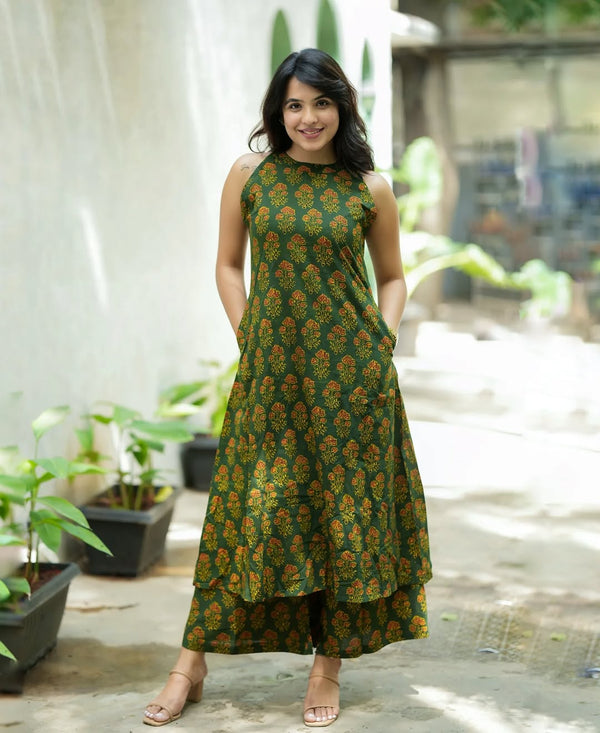 Jaipuri Green Cotton Floral Printed Kurti Pallazo Salwar Suit Set