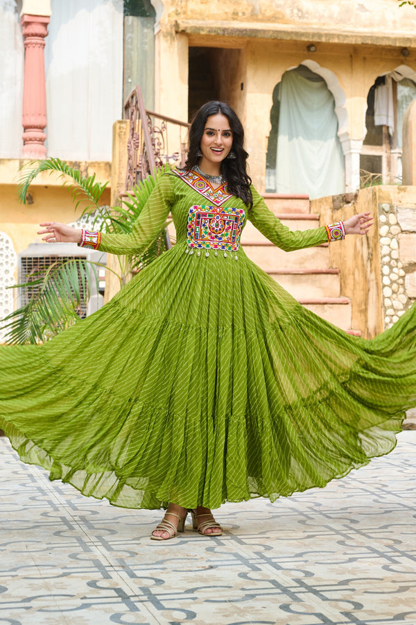 Green Gamthi work Long Sleeve Fliary Ethnic Gown dress