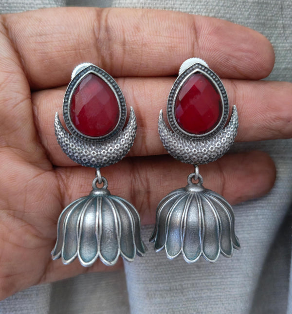 Chand Lotus German Silver Monalisa cut stone embedded Jhumka Earrings