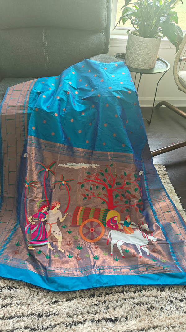 Teal Blue Peacock color Designer Soft Silk Paithani Saree
