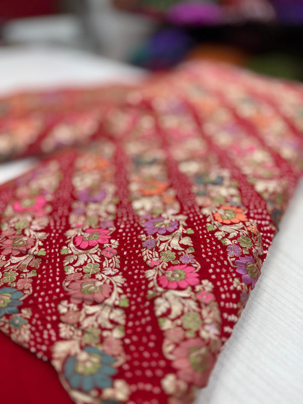 Handloom Pure Khaddi Georgotte Kadwa Zari Rai Bandhej Saree