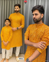 Yellow Men's Indian Bandhni printed Kurta pant set