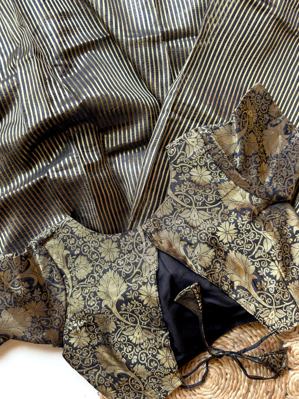 Jashn Royal look Striped Organza Tissue silk saree with Designer Brocade Blouse