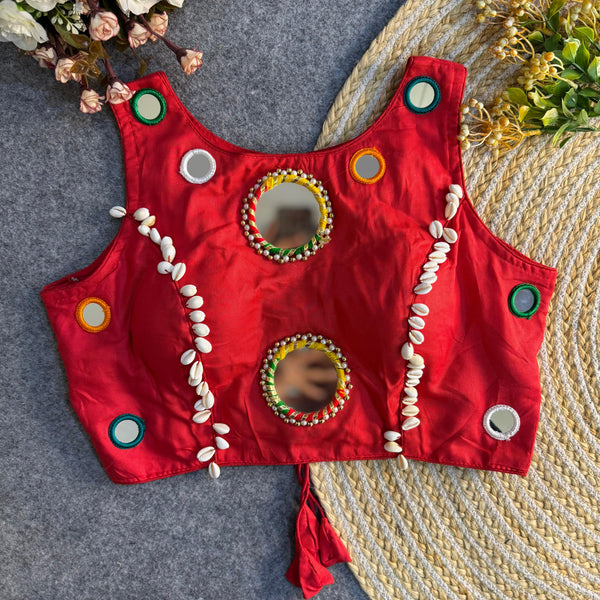 Red Mirror work Gamthi Blouse