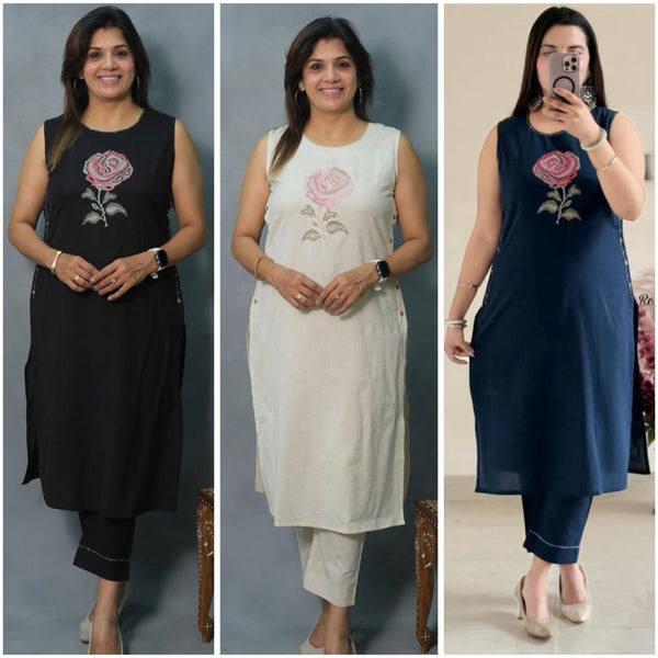 Rose Embroidery Khadi Cotton blend kurti pant set