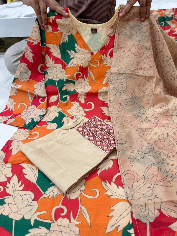 Orange Multicolor kalamkari printed 3pc salwar suit set