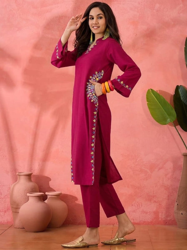 Casual Rayon Cotton Blend Embroidered Kurti Pant Set