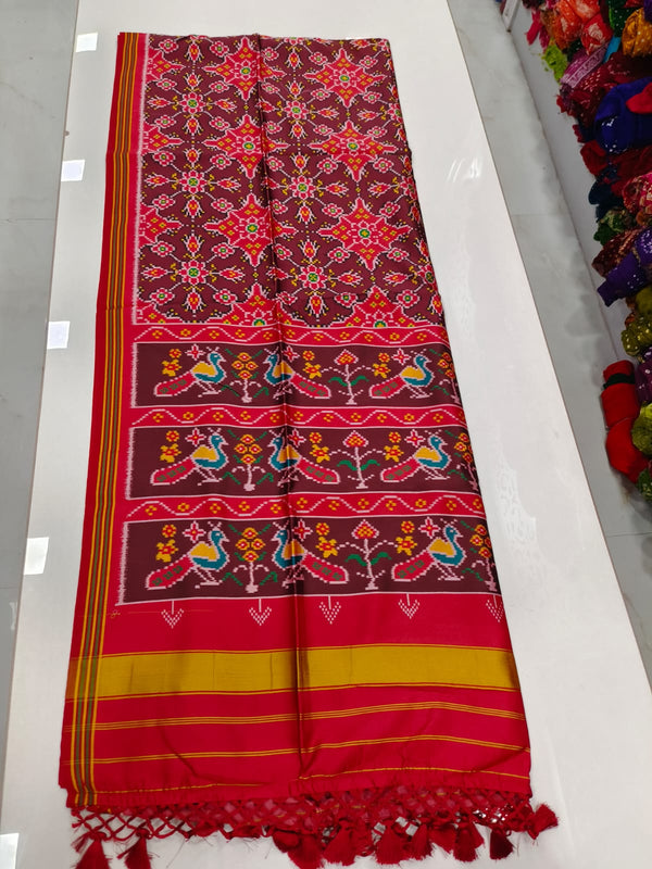 Pure Bhagalpuri Silk Patola Sareesin Red - Peacock