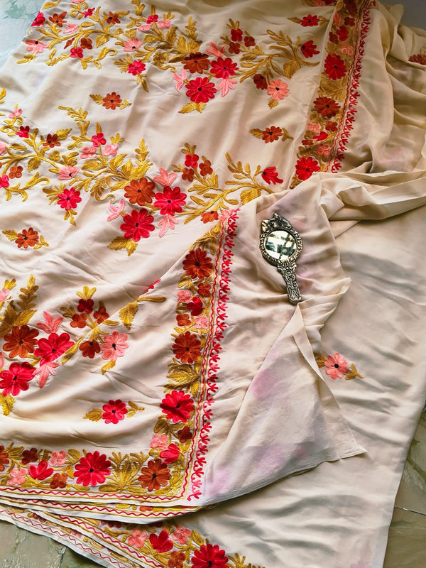 Designer Pure Kashmiri Crepe Silk Aari work Saree