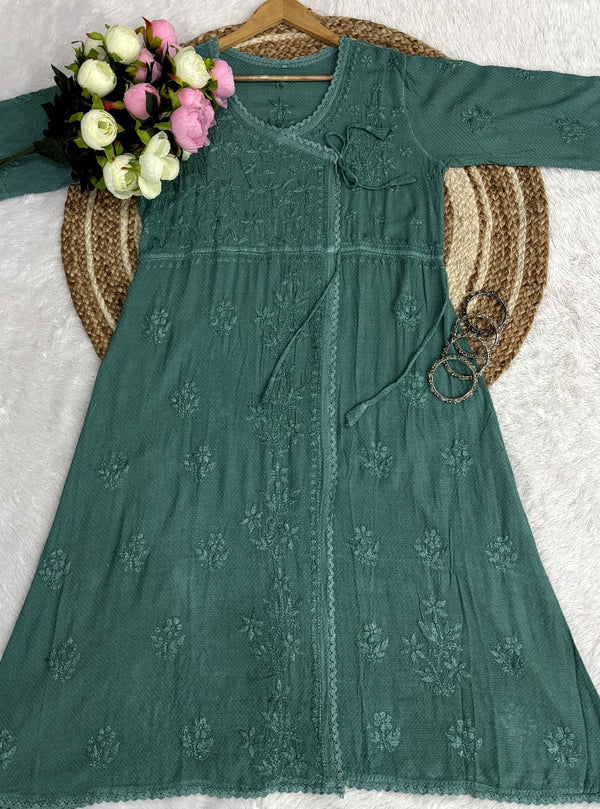 Pure Ghaspatti Chikankari Angarkha A line Kurti Top/Tunics