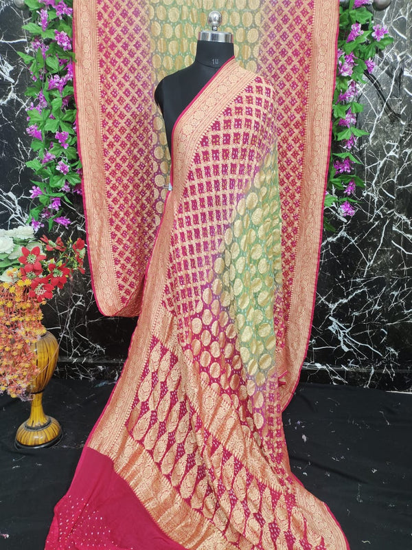 Pure Khaddi Georgotte Banarasi Nakshi Bandhej Saree in Dual Tone