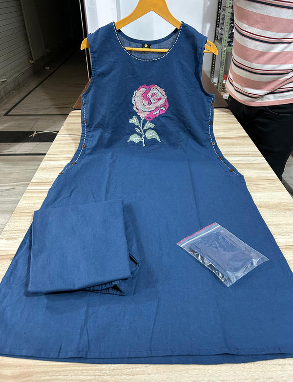 Rose Embroidery Khadi Cotton blend kurti pant set