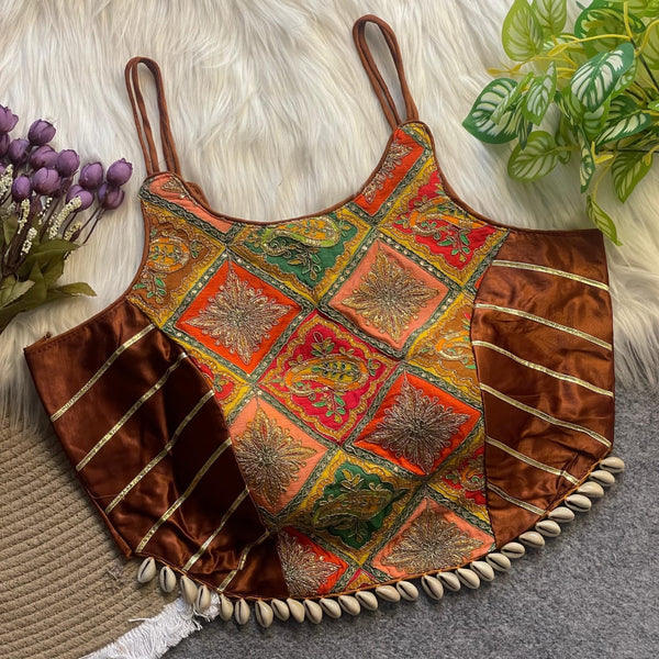 Rust Brown Designer Strap Pure Silk Blouse with Real Kodi Border
