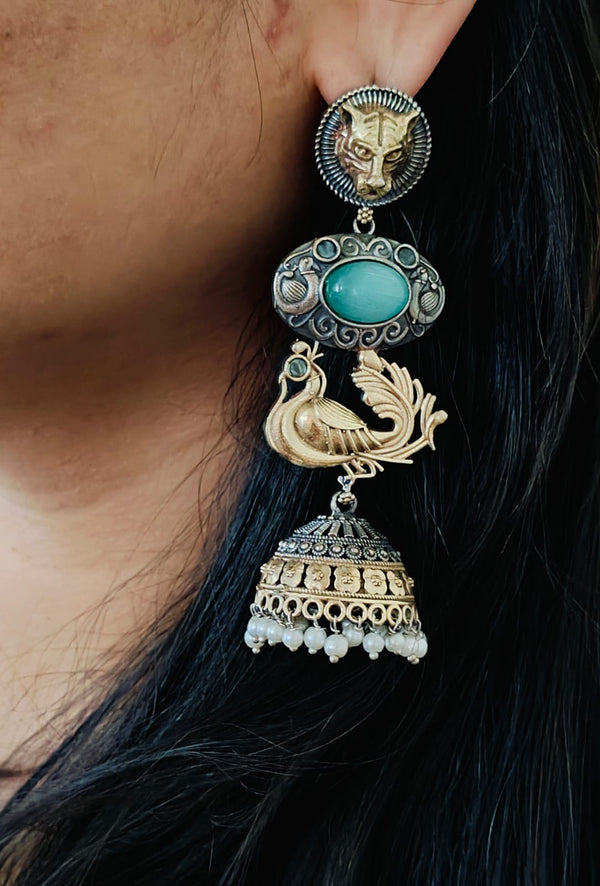 Long Peacock Statement Dual Tone German Silver Jhumkas