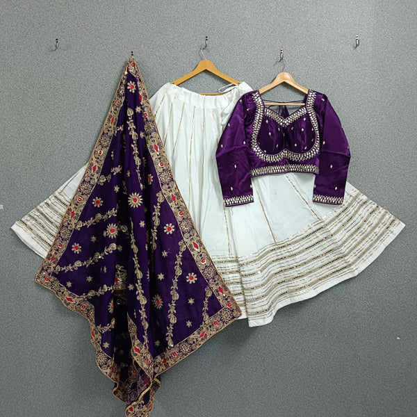 Pure Gajji silk Long sleeve Blouse with Fairy white skirt and Purple Vintage Dupatta