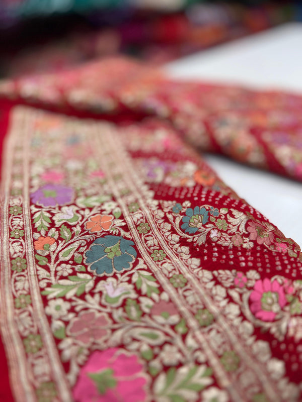 Handloom Pure Khaddi Georgotte Kadwa Zari Rai Bandhej Saree