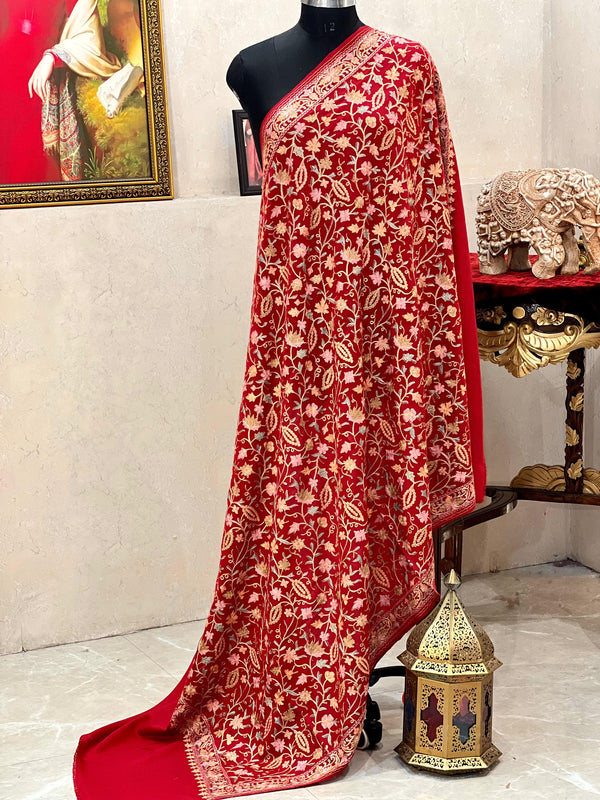 Soft Pashmina Nalki Kashmiri work Red Kalamkari Shawl