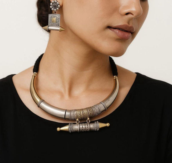 Statement Dual tone Hansali Necklace with Earrings