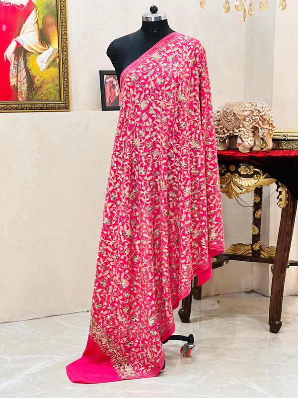 Soft Pashmina Nalki Kashmiri work Pink Kalamkari Shawl
