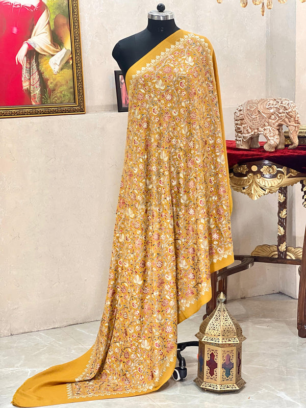 Soft Pashmina Nalki Kashmiri work Yellow Kalamkari Shawl